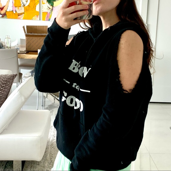 Good hYOUman Hoodie Born To Be Good Cold Shoulder Black Small - Picture 7 of 9